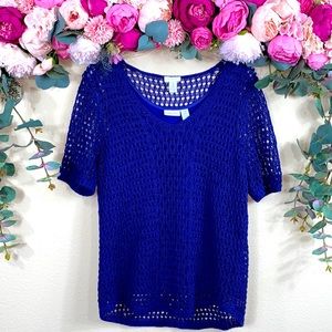•chico’s• Royal Blue {crochet} |short sleeve|Sweater w Stretchy Underlay sz 2